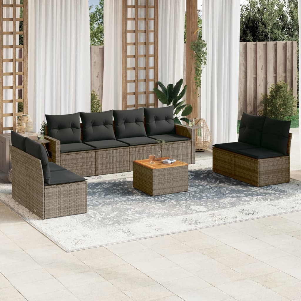 9 piece Grey Garden Sofa Set with Cushions Poly Rattan