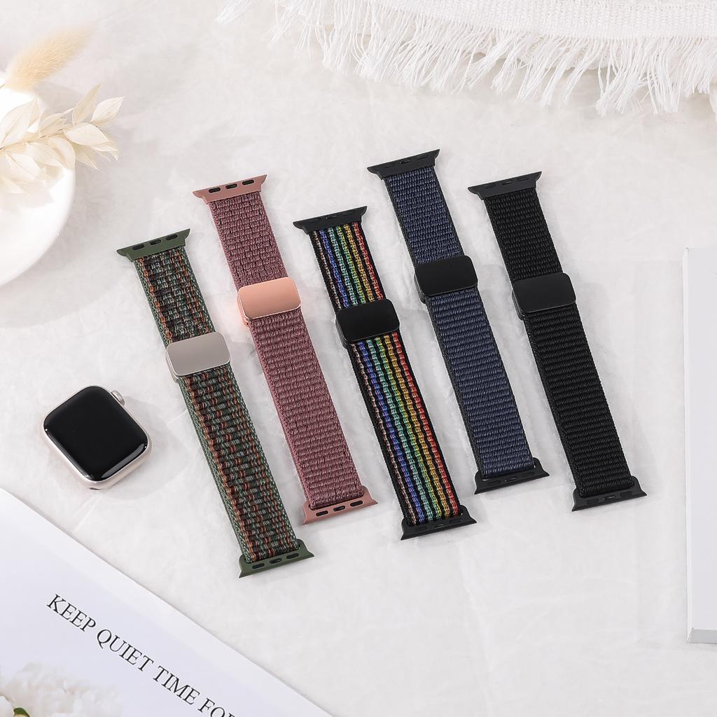 Sport Nylon Band for Apple Watch 40mm 41mm 42mm 44mm 45mm 49mm Adjustable Magnetic Stretchy Braided Strap for iWatch Series SE 9 8 7 6 5 4 3 Ultra 2