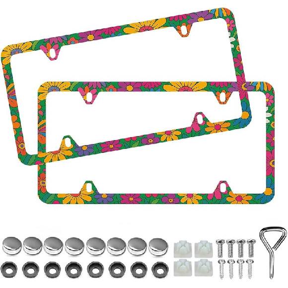 Elegant Faux Floral License Plate Frame - Unobstructed Narrow-Edge 2 Packs Universal Stainless Steel Car License Plate Frames Holder Solid Holder