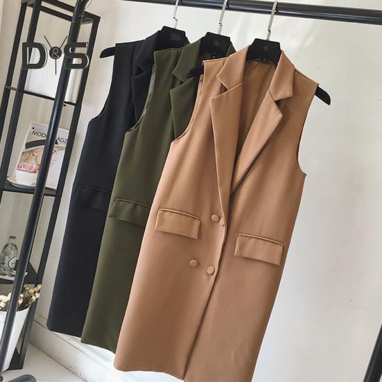 Høst Vår Dame Vest Nedrekket Krage Dobbeltspent Løs Ermeløse Knelengde Lommer Cardigan Ensfarget Daglig slitasje Vest Frakk