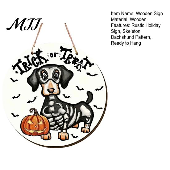 Halloween Party Supplies Dachshund Hanging Sign, Spooky Skeleton Dog Trick or Treat Wooden Lover Gift with Pumpkin Bat Pattern, Holiday Welcome