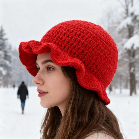 Fisherman Hat Solid Color Ruffled Brim Design Knitting Hat Windproof Warm Sun Protection Outdoor Activities Hat
