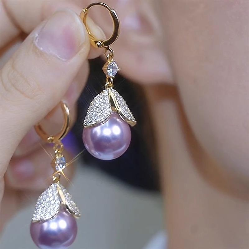 Exquisite Zirconia Leaf Earrings with Purple Pearl Dangles - High-End Luxury Design for Women