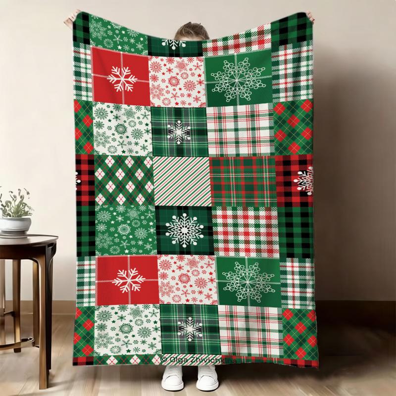 Red Plaid Ornament Sleigh Print Throw Blanket Home Lounge Reading Nook Guest Den Warm Blanket Bedroom Christmas Gifts