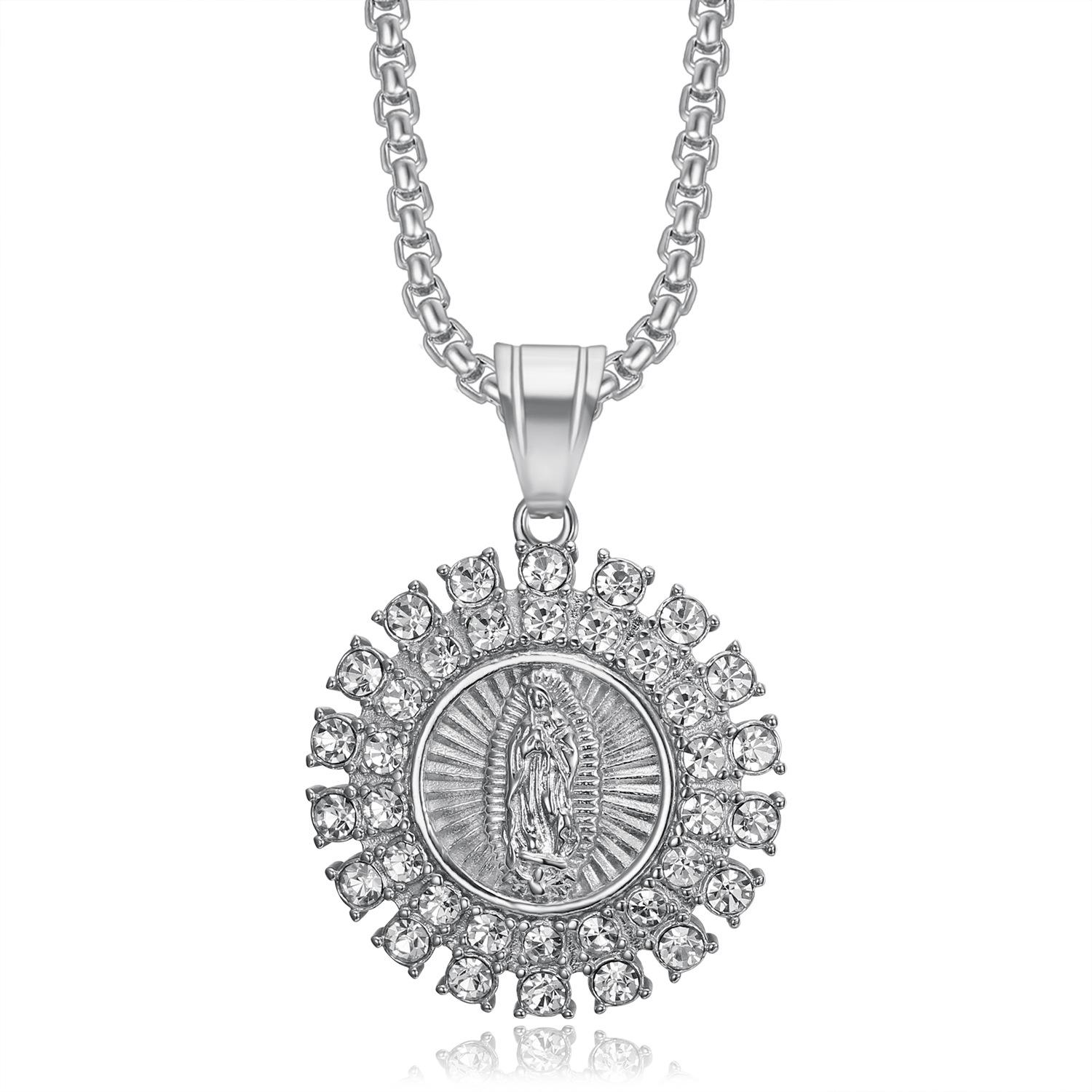 

Unisex Virgin Mary Necklace Gold Plated Stainless Steel Charm Ice Out Zircon Designer Accessory for Women Gift 60cm срібний