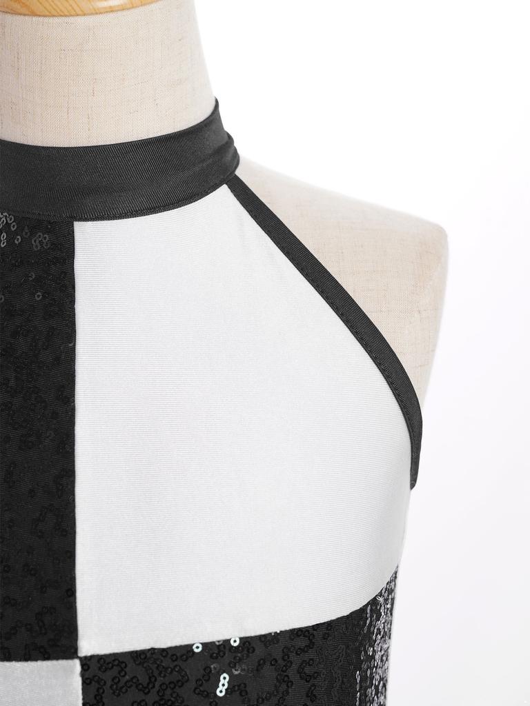 Girls Sparkly Latin Dance Leotard Color Block Shiny Sequins Tassel Halter Sleeveless Performance Costume