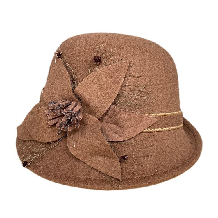 Female Autumn And Winter British Celebrity Top Hat Three-Dimensional Mesh Flower Dome Basin Hat Korean Version Casual Versatile Half-Roll Woolen Hat
