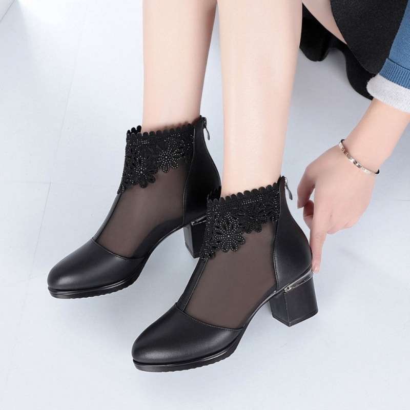 Zapatos de Malla de Cuero Suave para Mujer con Tacones Altos Primavera Verano Nuevos Talla Grande Botas Frescas Zapatos de Madre Bota Individual Estilo Coreano
