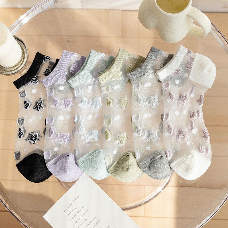 6/12 Pairs Women Transparent Crystal Silk Short Socks Summer Thin Breathable Fashionable Starfish Shell Pattern Casual Socks