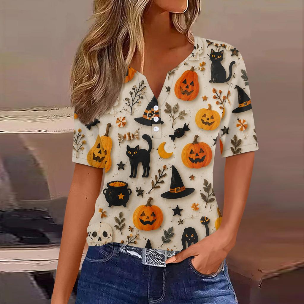 Women's Casual Halloween Print V Neck Short Sleeve Button Down T Shirt Top Lightweight Comfortable Fit