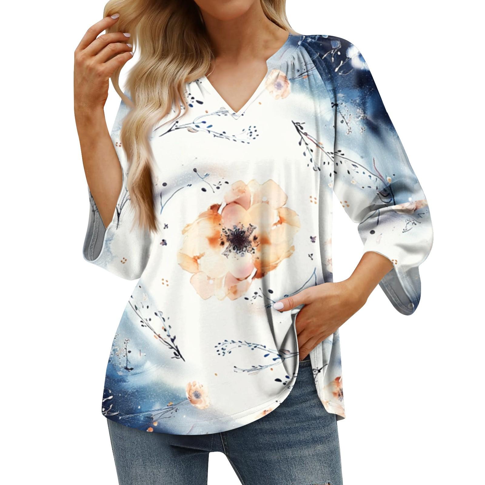 

Жіноча літня повсякденна футболка з рукавом 3/4 з принтом і V-подібним вирізом, пуловер XL білий