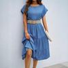 Fashionable and Casual Solid Color Simple Round Neck Short-sleeved Mid-length Dress for Women Without Belt