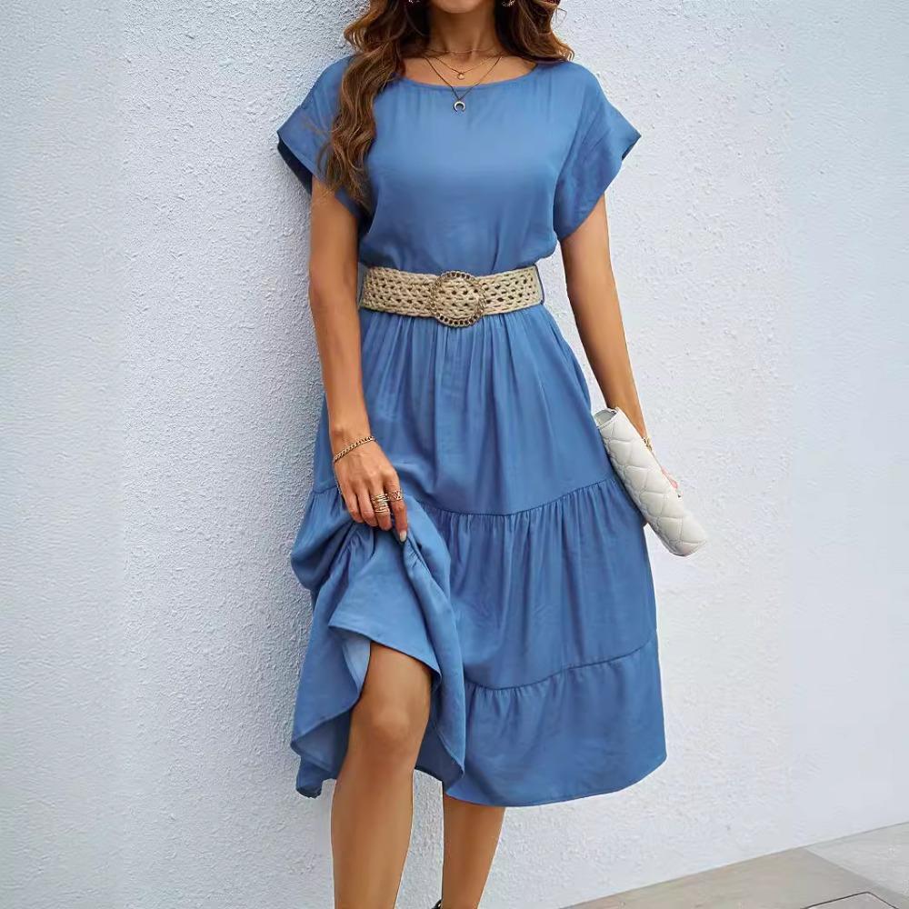 Fashionable and Casual Solid Color Simple Round Neck Short-sleeved Mid-length Dress for Women Without Belt