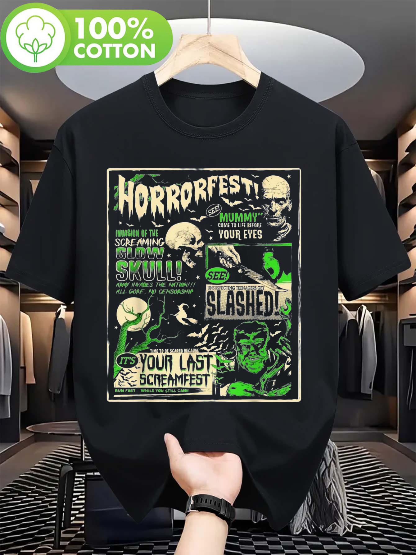 

Plus Size Horrorfest Graphic T-shirt - 100% Cotton Relaxed Fit Short Sleeve Tee with Skull & Print M