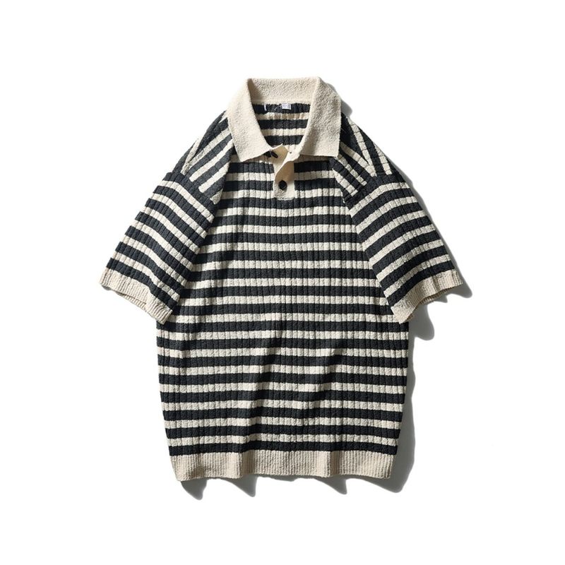 American Knitting Stripes Polo Shirt Men's Short-Sleeved Summer Shirt Loose Clothes Export Menswear T-shirt Collar T-shirt