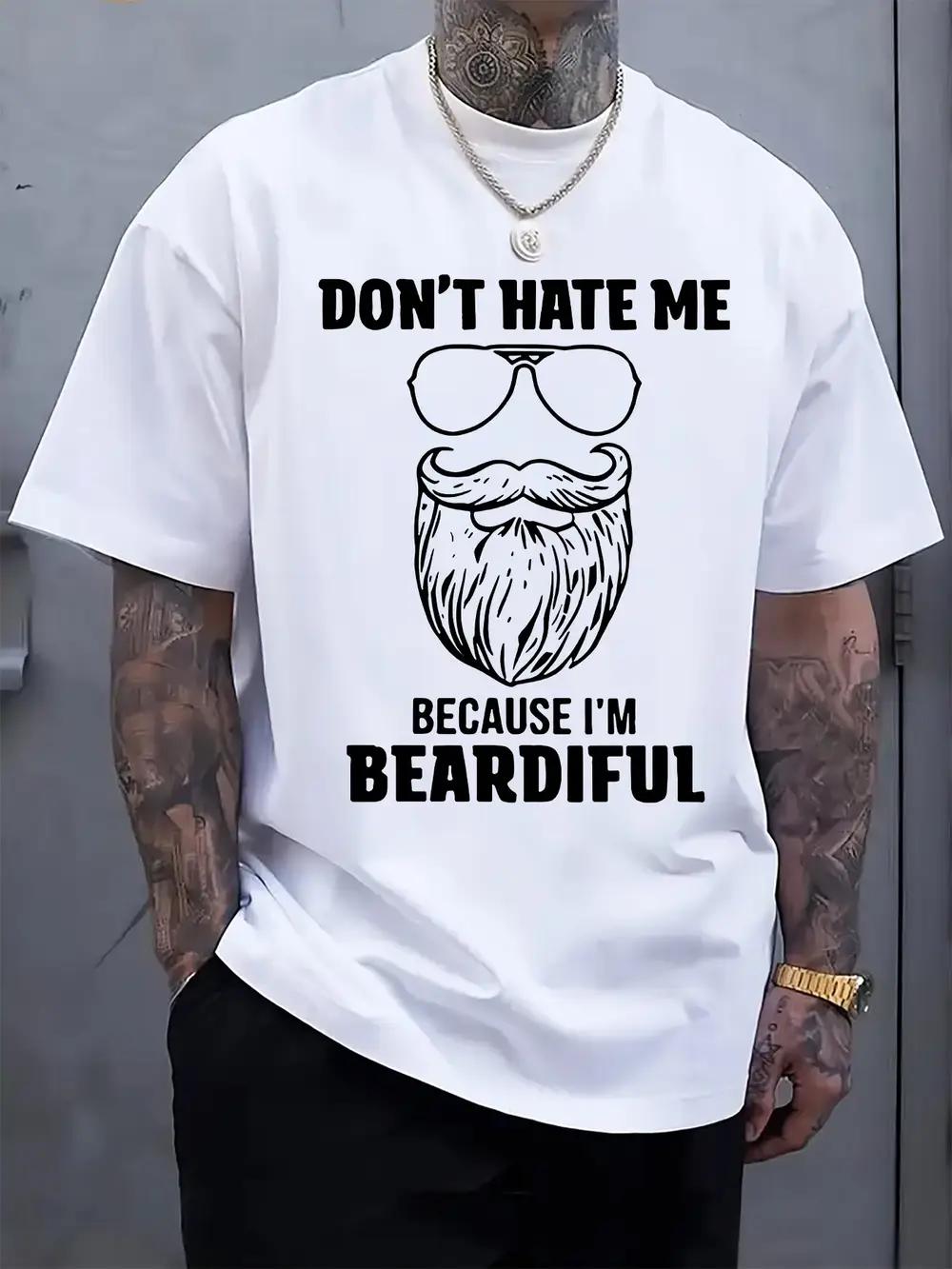 Humorous Don t Hate Me Because I m Beardful Graphic T-shirt - Black Casual Short Sleeve Round Neck Tee with Beard & Fashion Glasses Design S