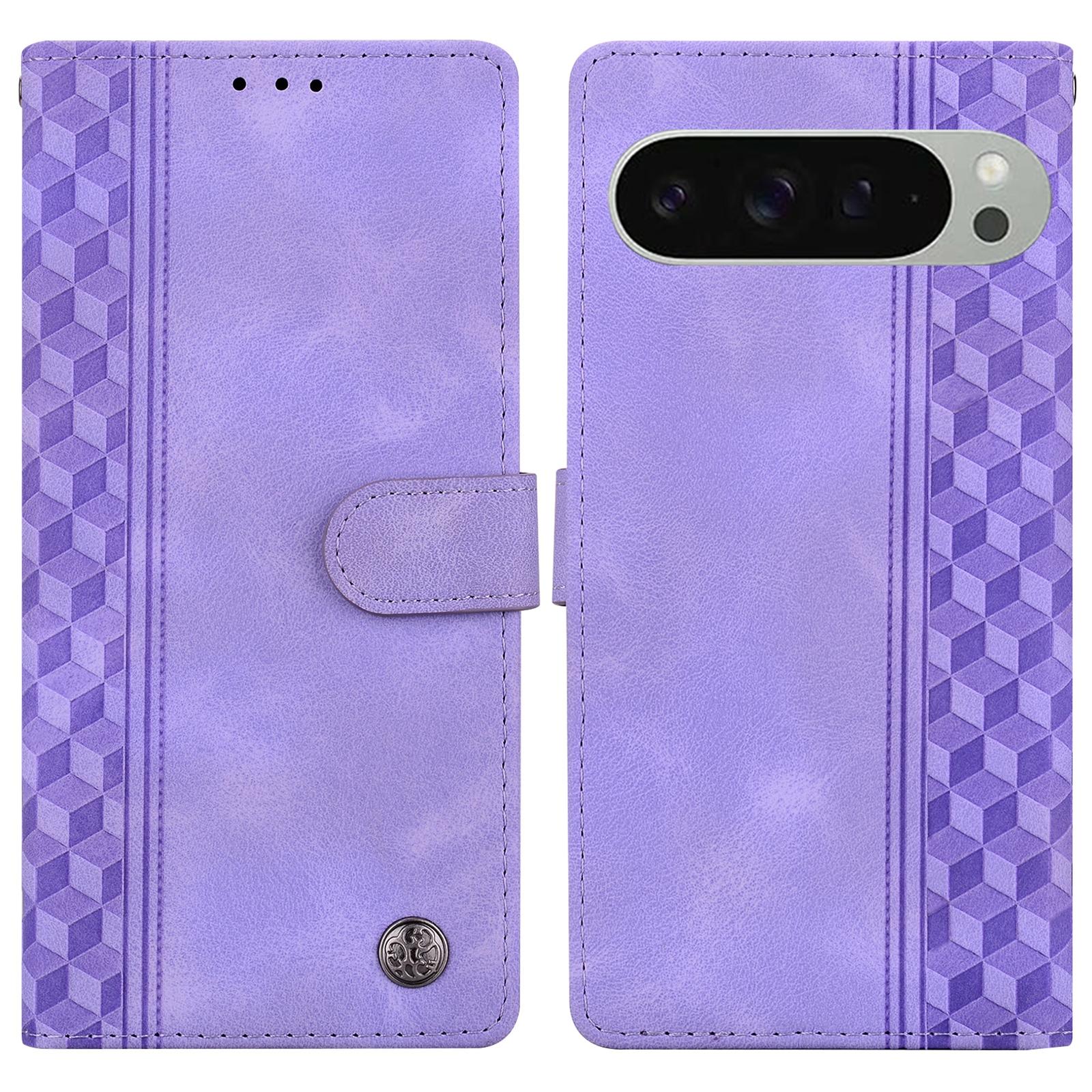 

For Google Pixel 9 Pro XL Leather Case Imprinted Checkered Pattern Wallet Stand Flip Phone Cover Purple