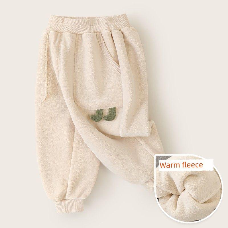 Right European Style Boys  Fleece Sports Pants Winter Wear Thickened Warm Cotton Pants Winter Warm Children s Clothing Apricot color 120cm