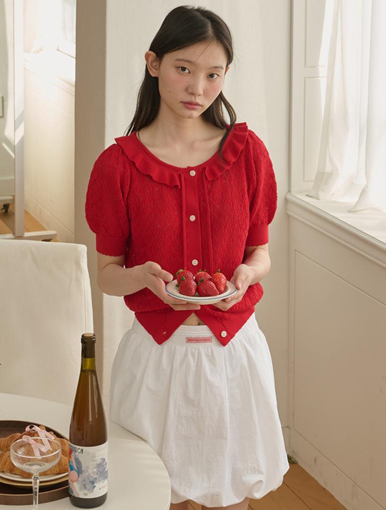Opening Sunshine Ruffle Collar Crop Knit Cardigan_Red