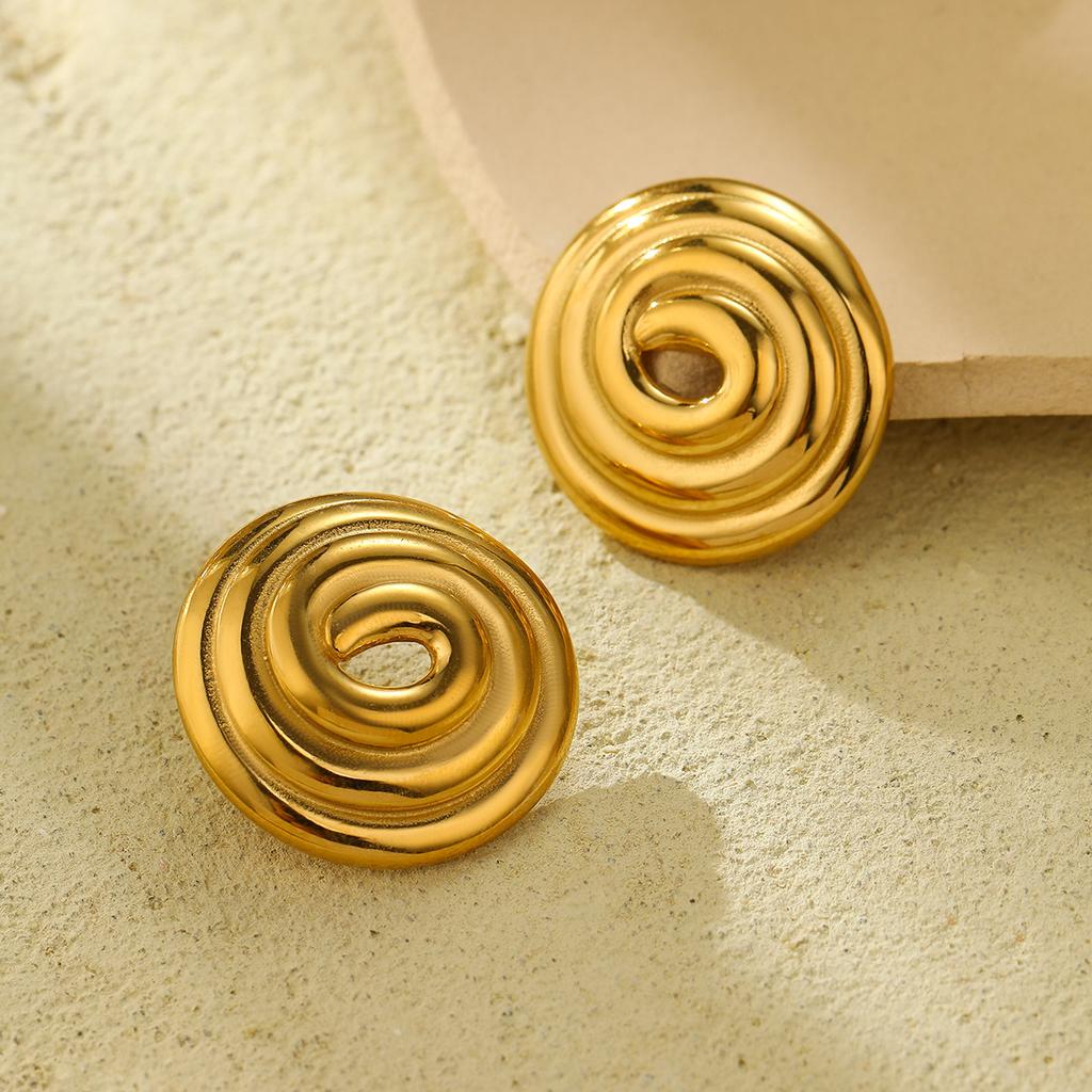 GEMCHIC Women's Hollow Spiral Thread Circle Stainless Steel Earrings Luxury Gold Studs