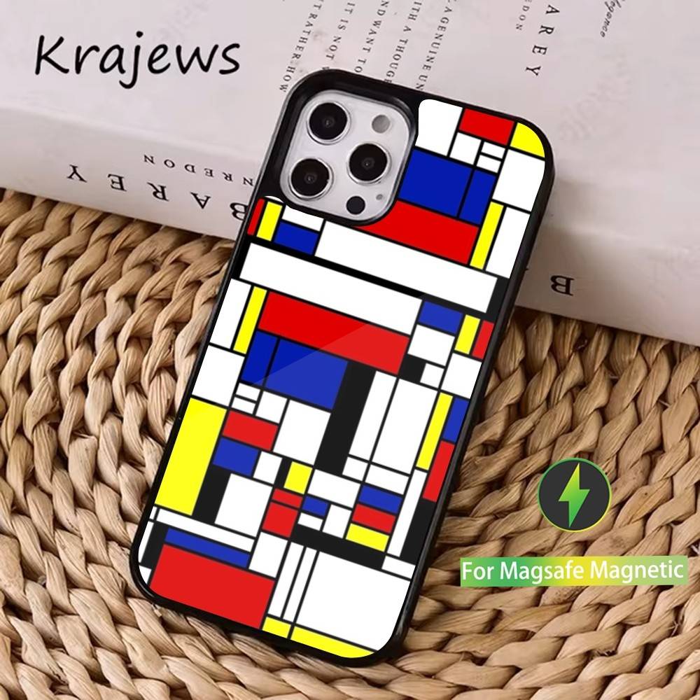 

TOPLBPCS M-Mondrian Grid Phone Case For iPhone 16,15,14,13,12,11,Pro,Max,Plus,Mini, Magsafe,Magnetic Wireless Charging Case iPhone13PRO