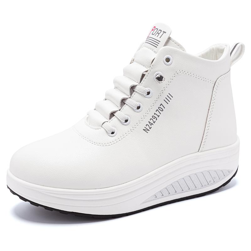 Women's Black Sneakers Height Increase White Leather Boots Platform Casual High Top Thick Sole Elevator Shake Shoes for Students