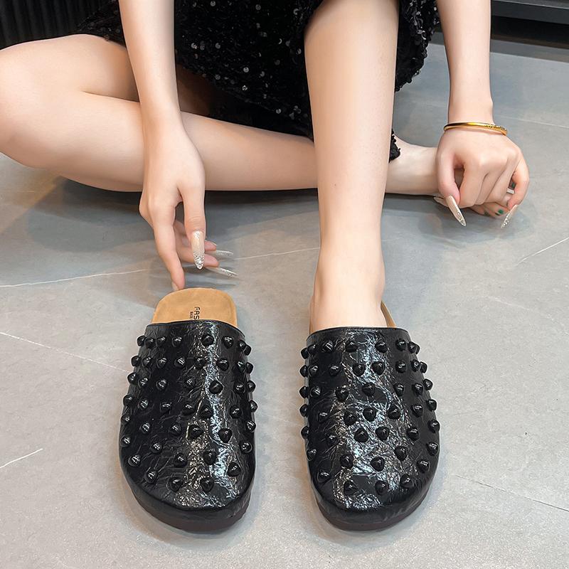 Fashion Low Heel Flat Bottom Baotou Breathable Slippers Women's Summer New Round Toe Shallow Rivet Lazy Slip-on Slip-on Shoes