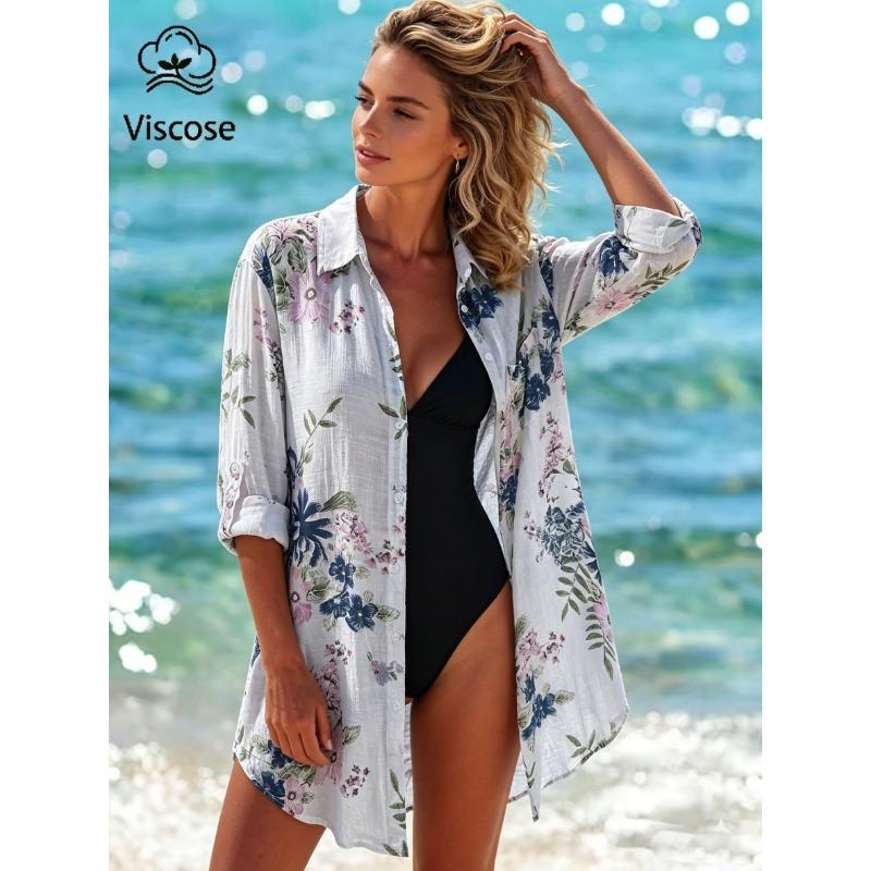 Medium-length Fashion Printed Top, Breathable Lightweight Shawl Cardigan, Long-sleeve Loose Cover-up, Beach Jacket
