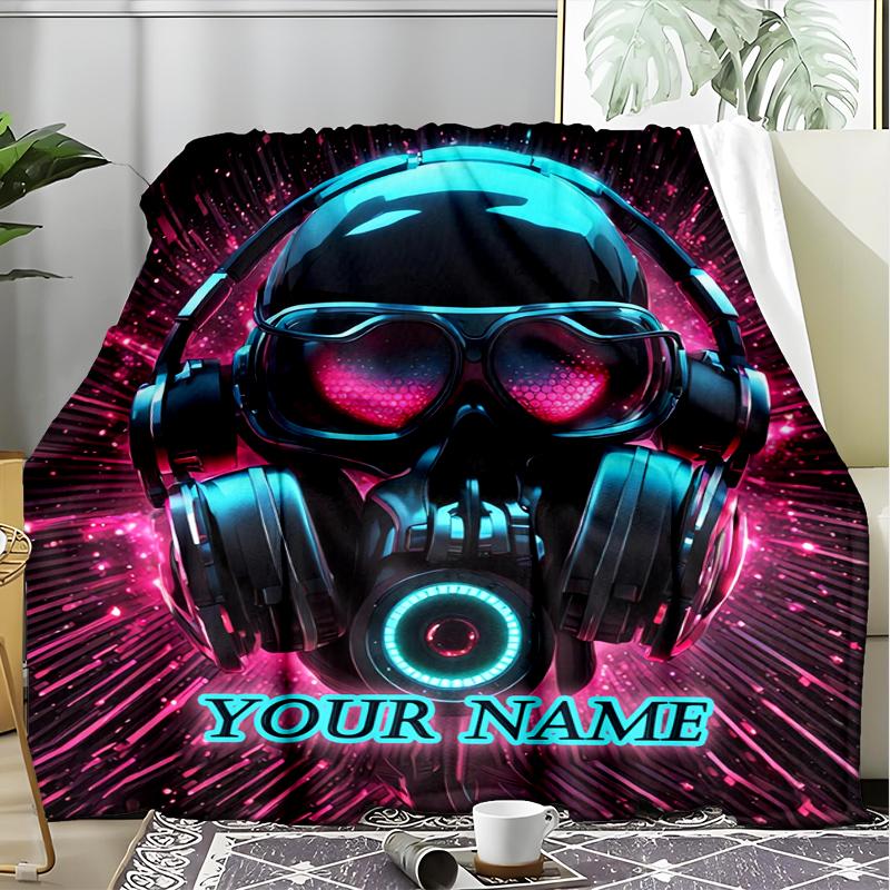 1PC Custom Name Cyberpunk Headphones Artwork outdooor Flannel blankets Patterns Throw Blanket All-Season Soft Gift for Couch, Bed, Camping gifts