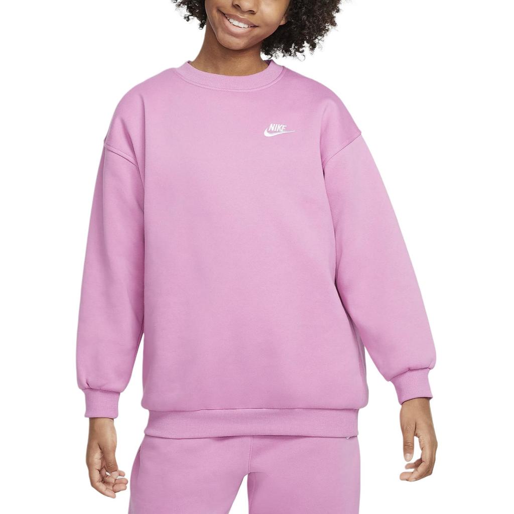 Nike Sportbekleidung Club Fleece Bequem Einfarbig Bestickt Rundhalsausschnitt Langarm Magic Flamingo Jugend Kinder Oberteile FD2923646