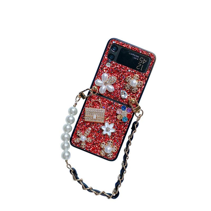 Folding Screen Flip Phone Case for Women for Samsung ZFlip6 Flower Sequins Rhinestone Pearl Metal Bracelet Skin