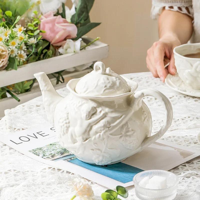 Embossed Angel Grape Ceramic Tea Set White Porcelain Teapot Cup Saucer Set for Afternoon Tea Wedding Brunch Vintage Home Decor