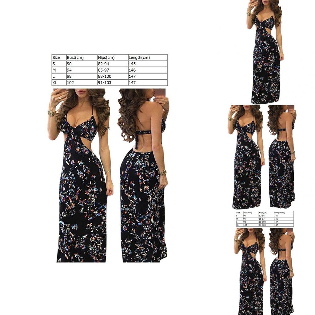 Maxi Abito Floreale Nero Sexy da Donna con Design Cut-Out Perfetto per Vacanze Boho al Mare