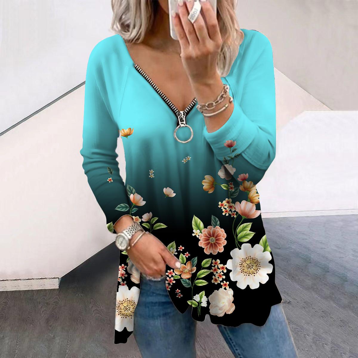 

Женские футболки с длинным рукавом и цветочным принтом в виде синей груши, свободные футболки с V-образным вырезом больших размеров, удобные блузки 8XL светло-синий