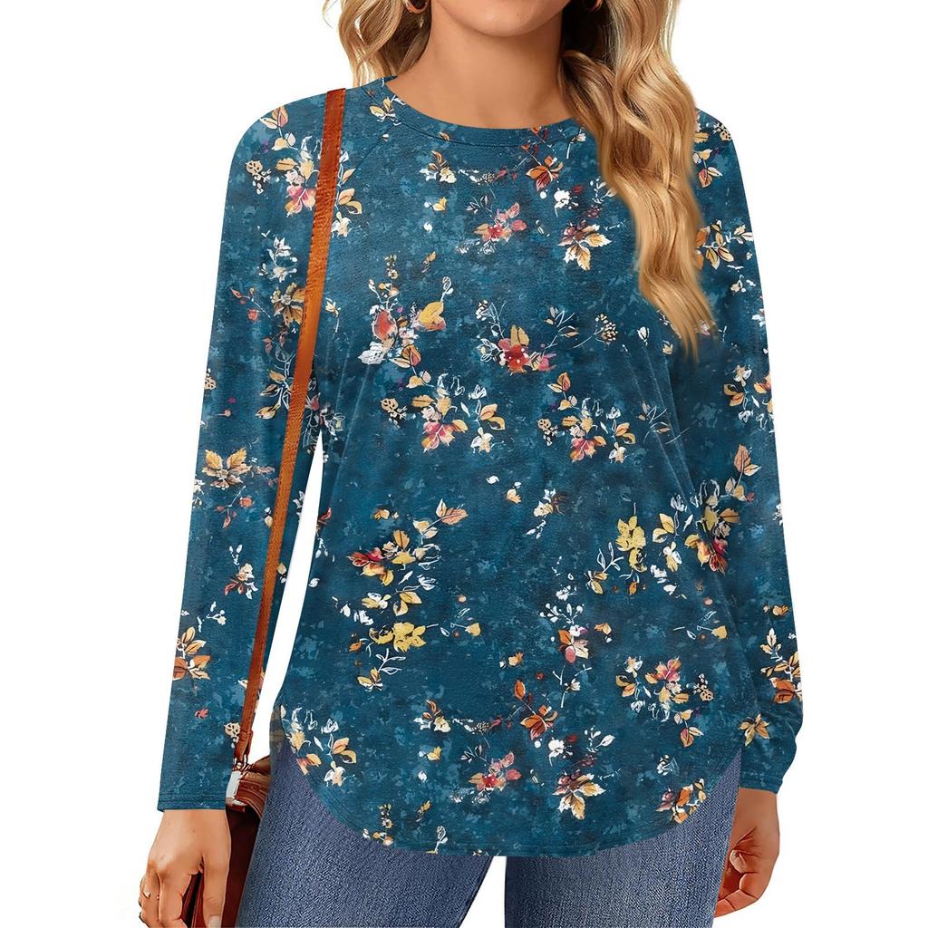 Womens Plus Size Tops Long Sleeve Shirts Round Neck Flowy Tunic Casual Loose Blouse L-5X