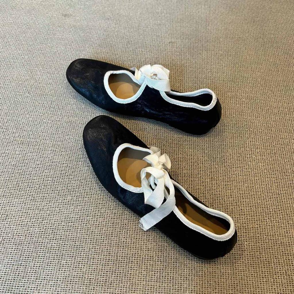 Sheepskin version~ niche literary and artistic style light mouth ballet shoes women's versatile retro contrasting color lace-up flat-soled soft