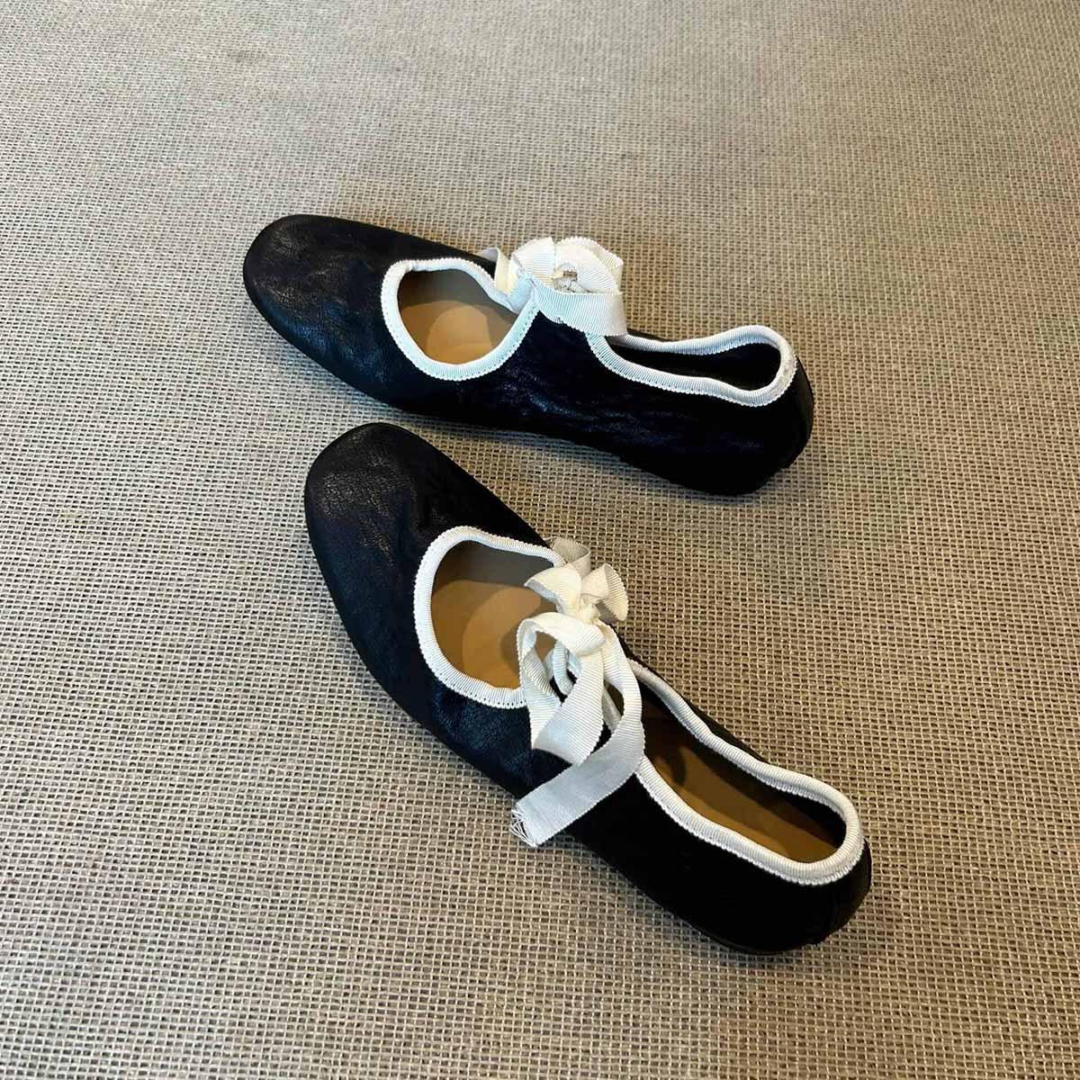 

Sheepskin version~ literary style light mouth ballet shoes women s versatile retro contrasting color lace-up flat-soled soft-soled single shoes 40