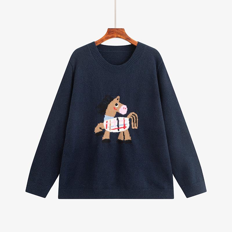 

2025 Winter Plus Size Women s Round Neck Jacquard Sweater - Loose Fit XL (60-80 kg) темно-синий