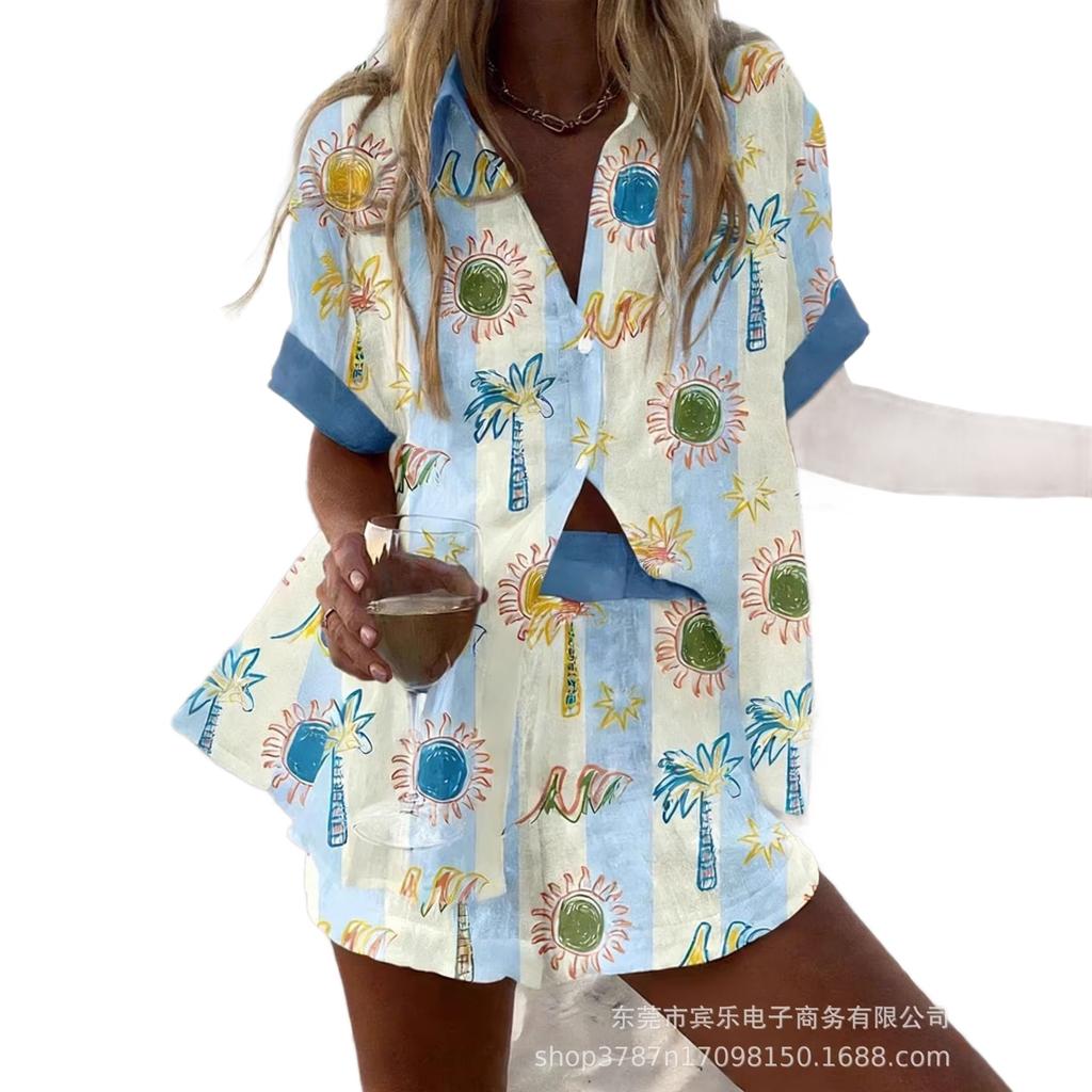Summer European and American Women's Clothing Bamboo Hemp 1D Digital Printing Short-sleeved Shirt Beach Shorts Casual Two-piece Set
