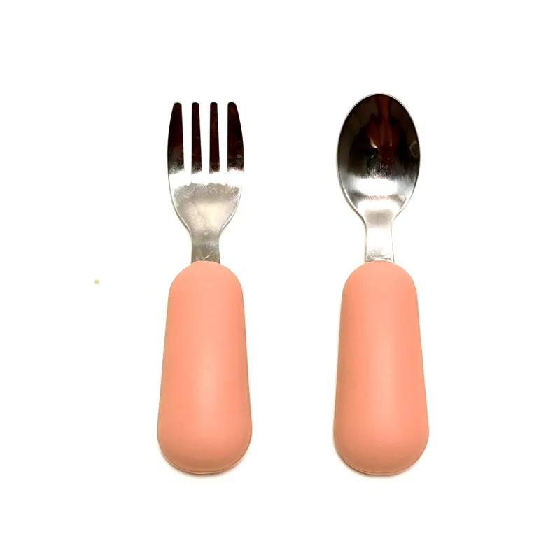 Children Fork Spoon Set Baby Fork Spoon Short Handle Stainless Steel Silicone Fork Spoon Baby Supplement Fork Spoon персиковый