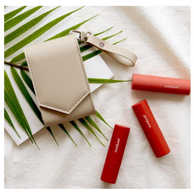 RTS Makeup Lipstick Case Pu Leather Lipstick Pouch With Mirror, Wristlet Cosmetic Bag with Keychain, Holds up to 3 Lipsticks