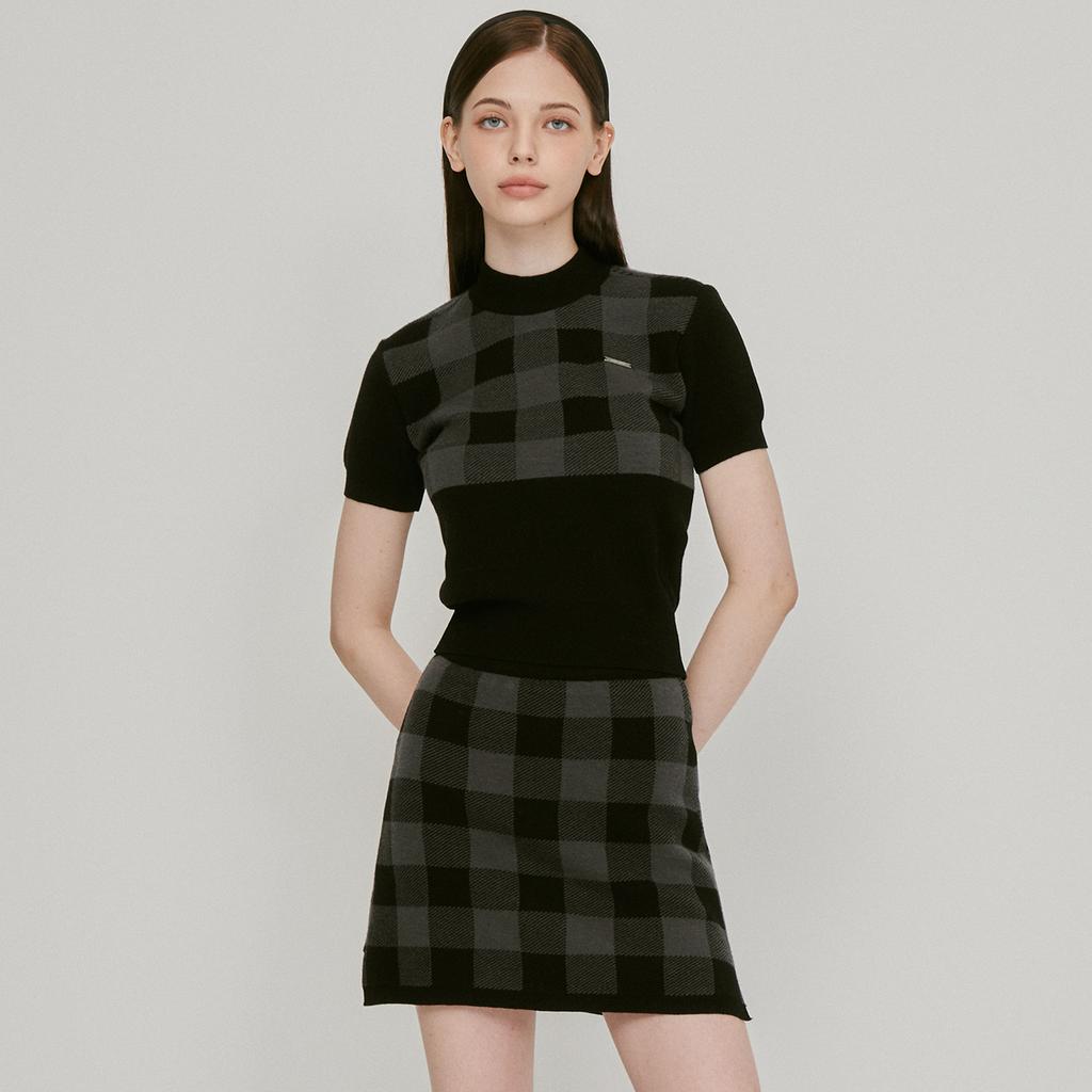 Rick Side Slit Check Knit Skirt (Black) _L3C1-Ns07K