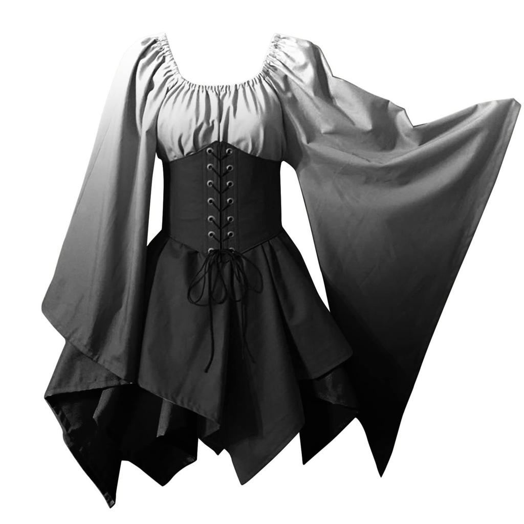 Renaissance Vintage Palace Medieval Costume Gothic Women Halloween Cosplay Retro Long Sleeve Waist Bandage Ptachwork Dress