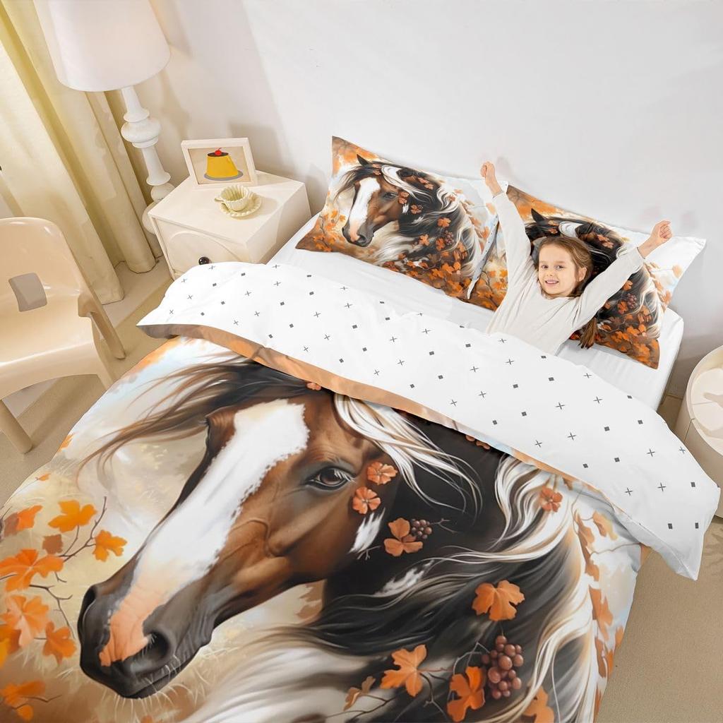 Horse Kids Duvet Cover Set,Bedding Set For Boy Girls Adult Bedroom Decor,Animal Theme Polyester Quilt Cover With 1/2 Pillowcases