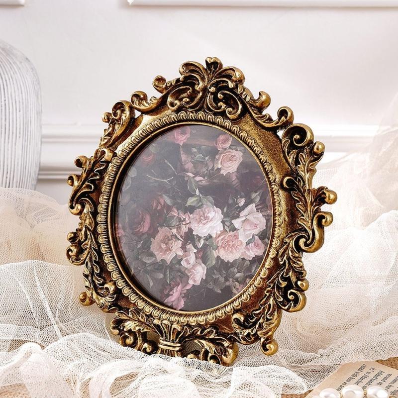 Ręcznie robiona Antyczna Złota Rzeźbiona Okrągła Ramka na Zdjęcie z Haczykiem do Zawieszania i Stojakiem do Dekoracji Ściennej lub Biurkowej