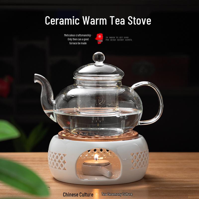 White Porcelain Tea Set with Black Ceramic Stove and Candle Base