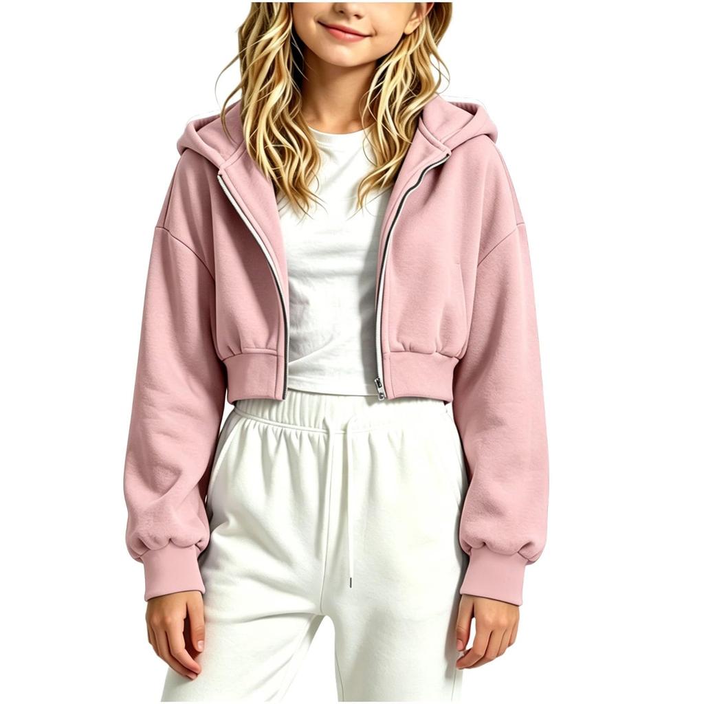 Girls' Long Sleeve Zip-Up Hoodie Color Casual Sweatshirt Top