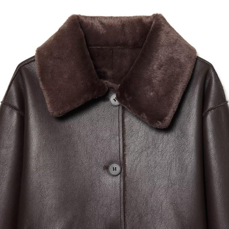 Womens Faux Leather Reversible Jacket Double-sided Thick Winter Coat Regular Fit XS S M L