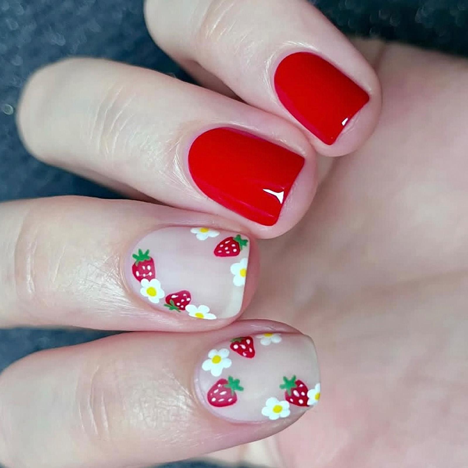 

24 Pieces Short Square Press On Nail With Strawberry Floral Designs False Nail Stick on Nail Full Cover Acrylic Nail