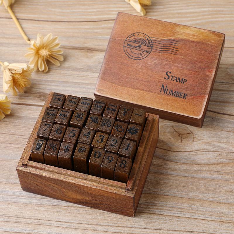Retro Wooden Box Set: Uppercase & Lowercase English Alphabet and Number Stamps